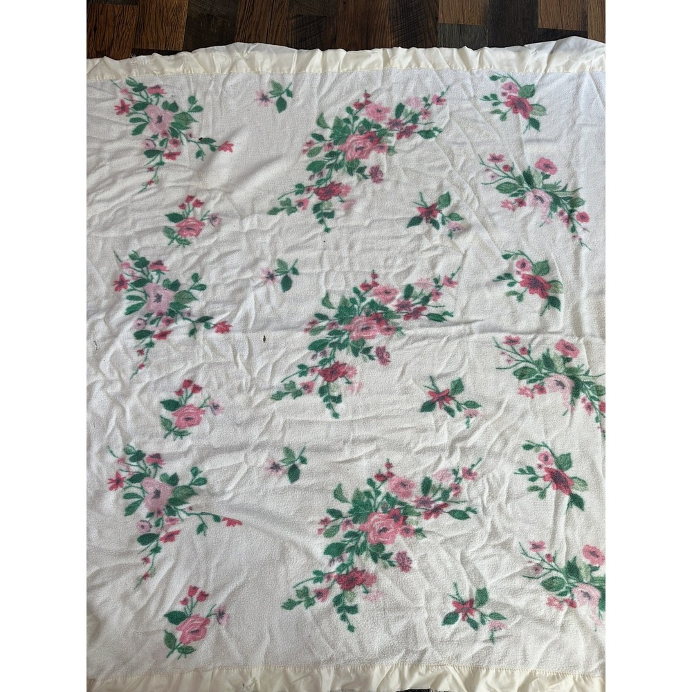 Vintage 70s Pink Rose Twin Size Acrylic Blanket Satin Trim 64x70 Cottagecore